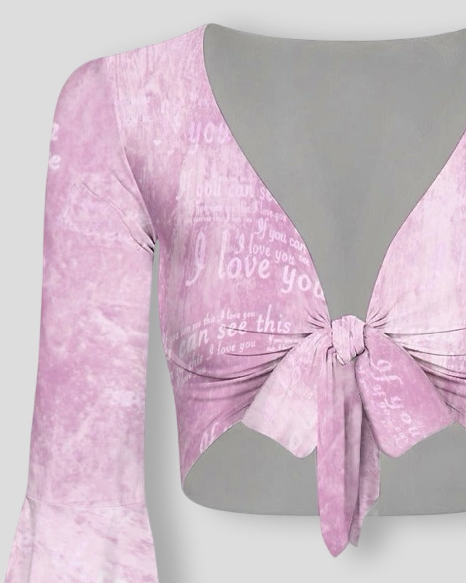 If You Can See This Tie Front Bell Sleeve Crop Top