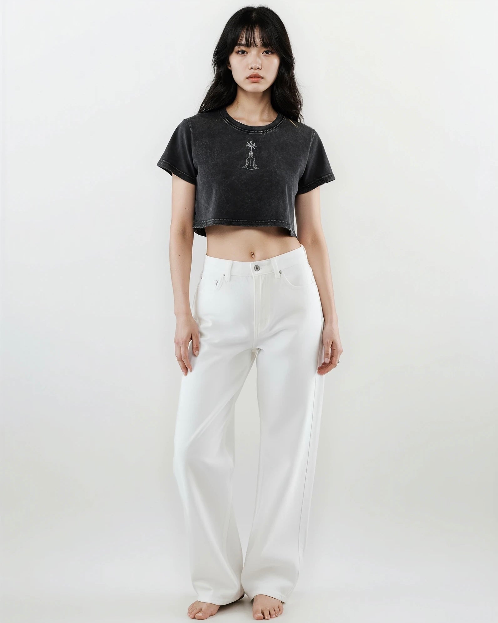 Rooted Snow Wash Boxy Fit Crop Cotton T-Shirt – Vintage Embroidered Tee