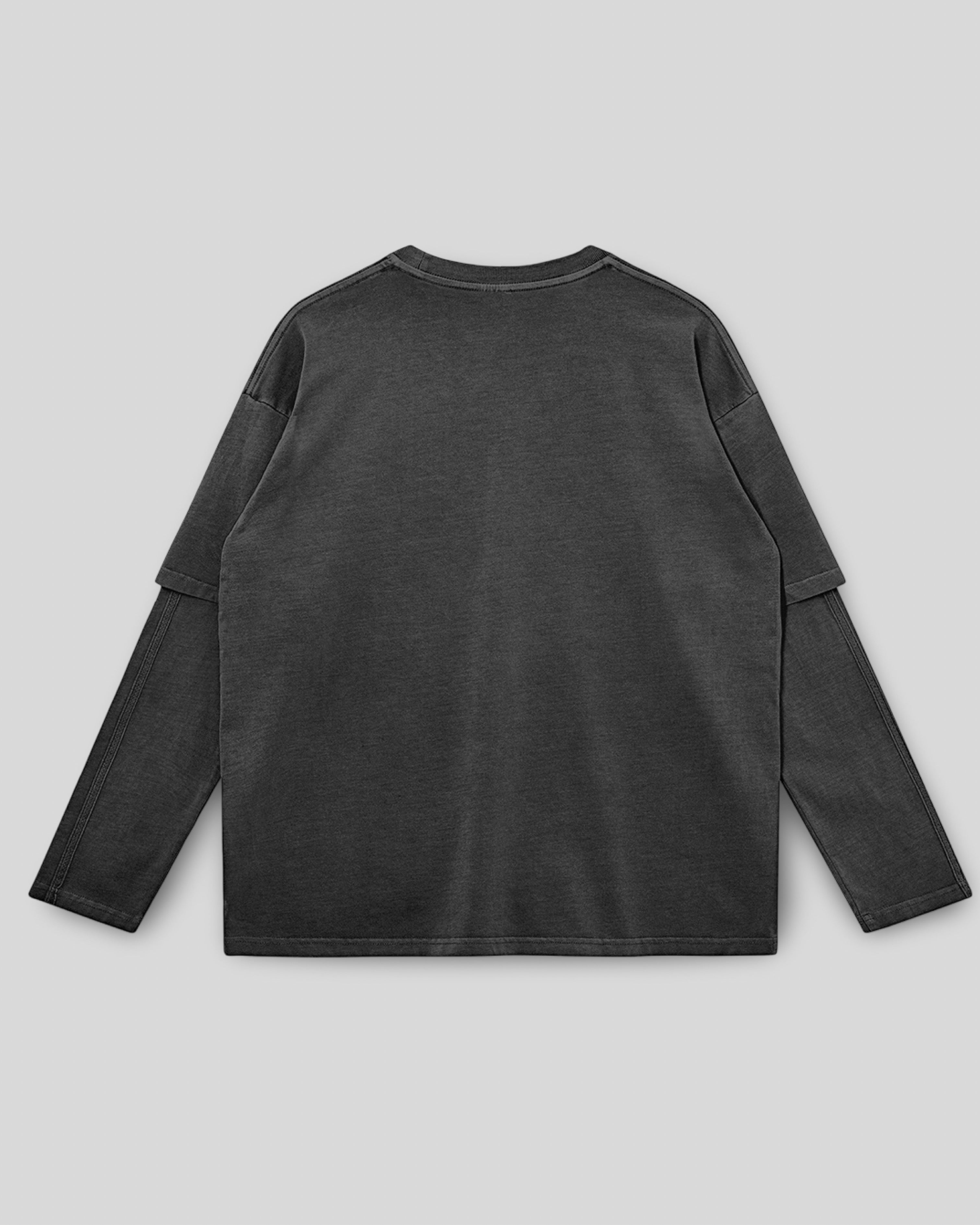 a flat lay image of a grey long sleeve faux layered shirt