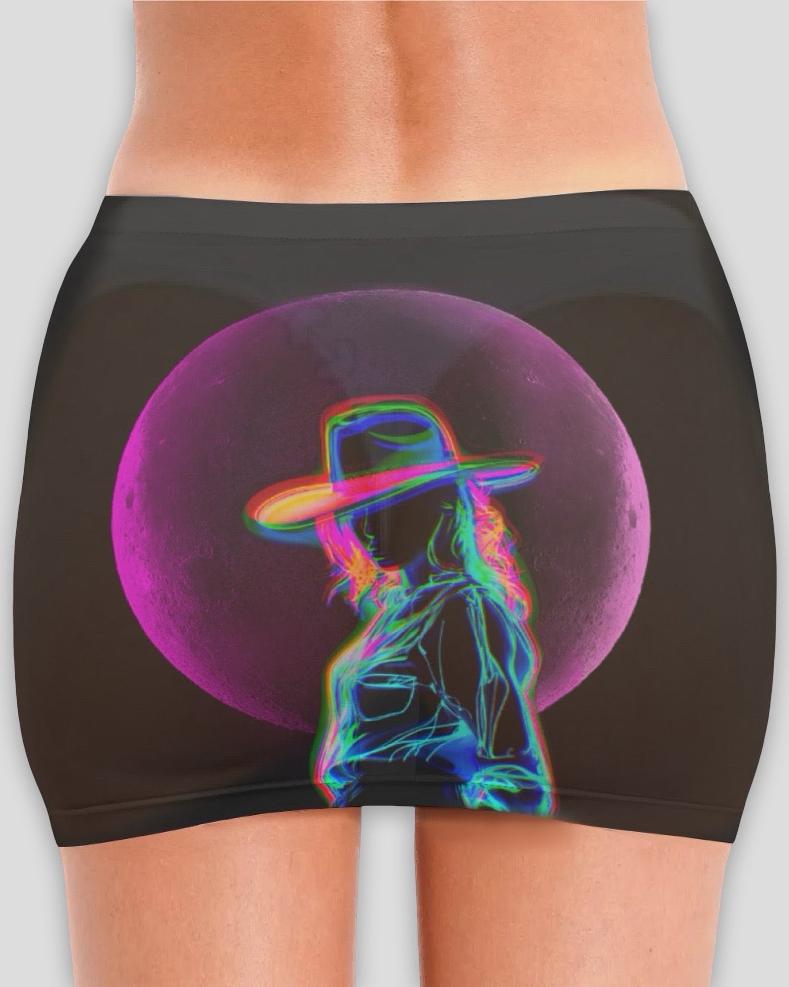Black sheer mesh mini skirt with colorful neon graphic design of a cowgirl and moon on a white background