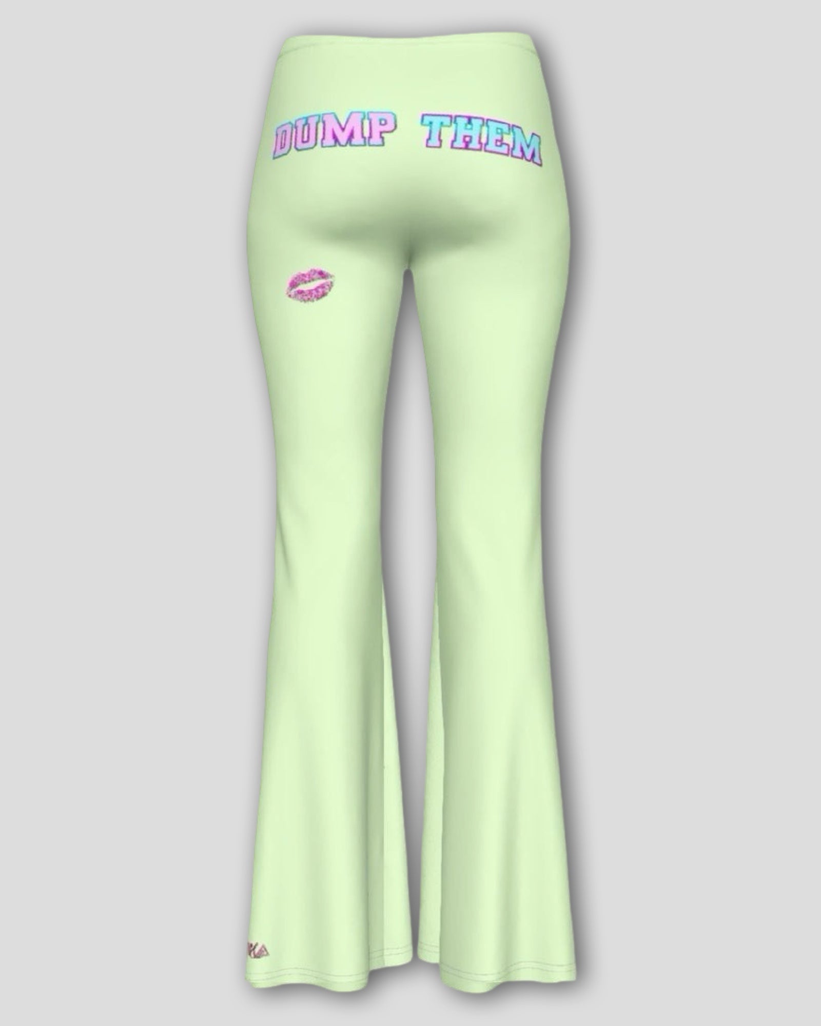 Light green pants with Dump Them text and lip print on a plain background