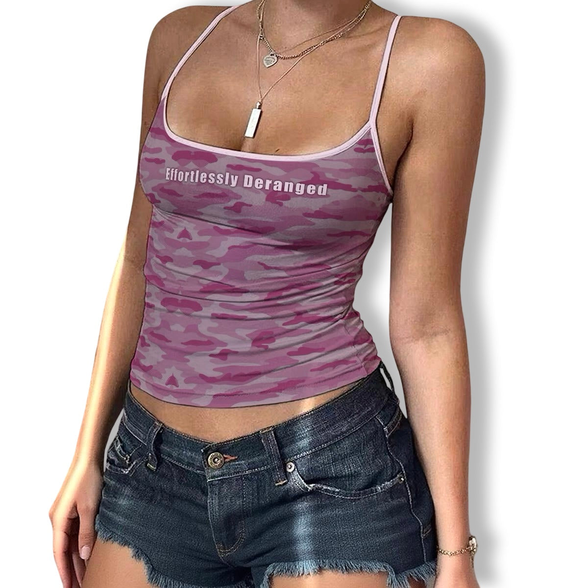 Person wearing a pink camouflage y2k cami tank top with