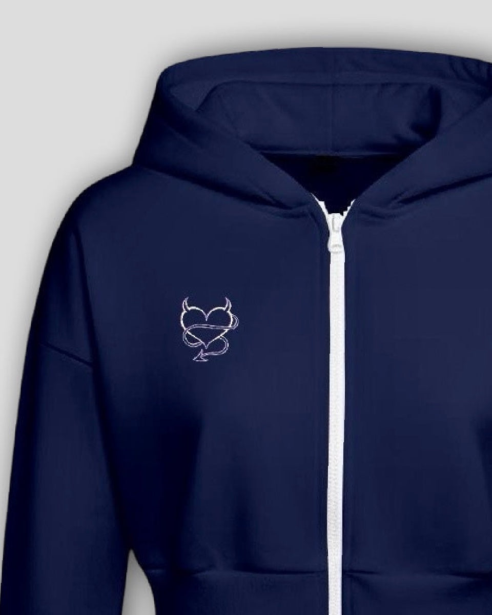 Navy blue hoodie with a heart and devil design on a white background