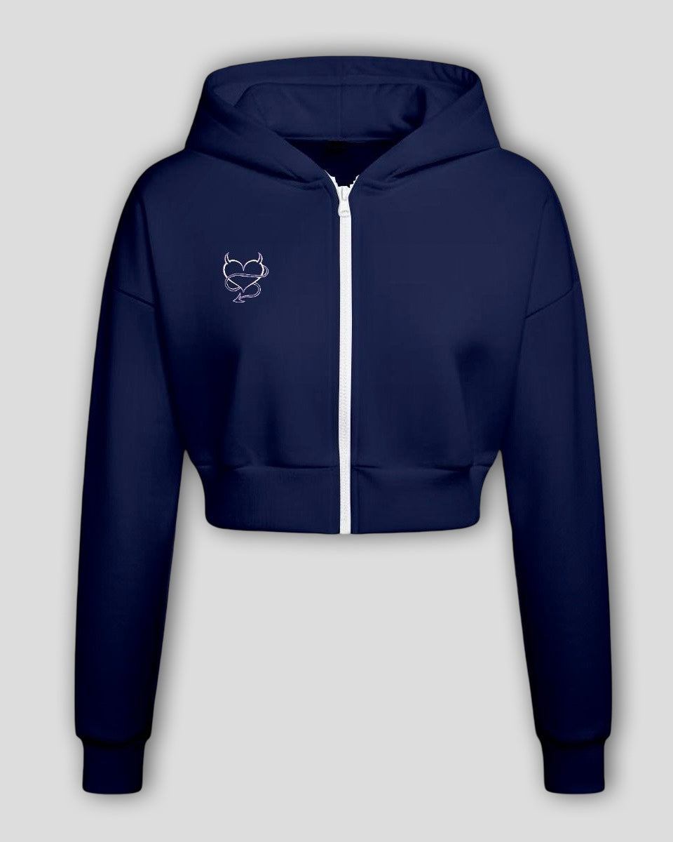 Navy blue hoodie with a white zipper and white heart design on a light gray background