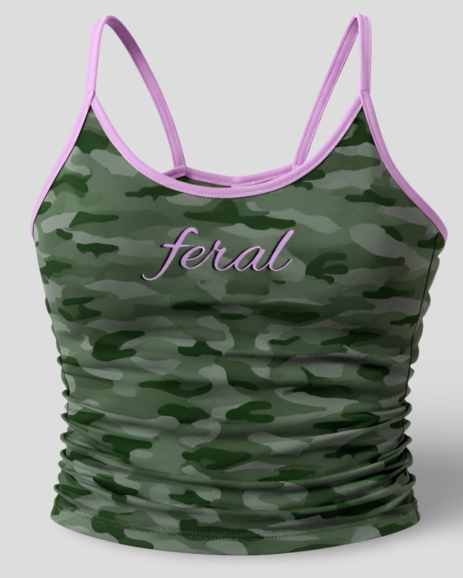 Green y2k camo tank top with pink straps and 'feral' text on a light gray background