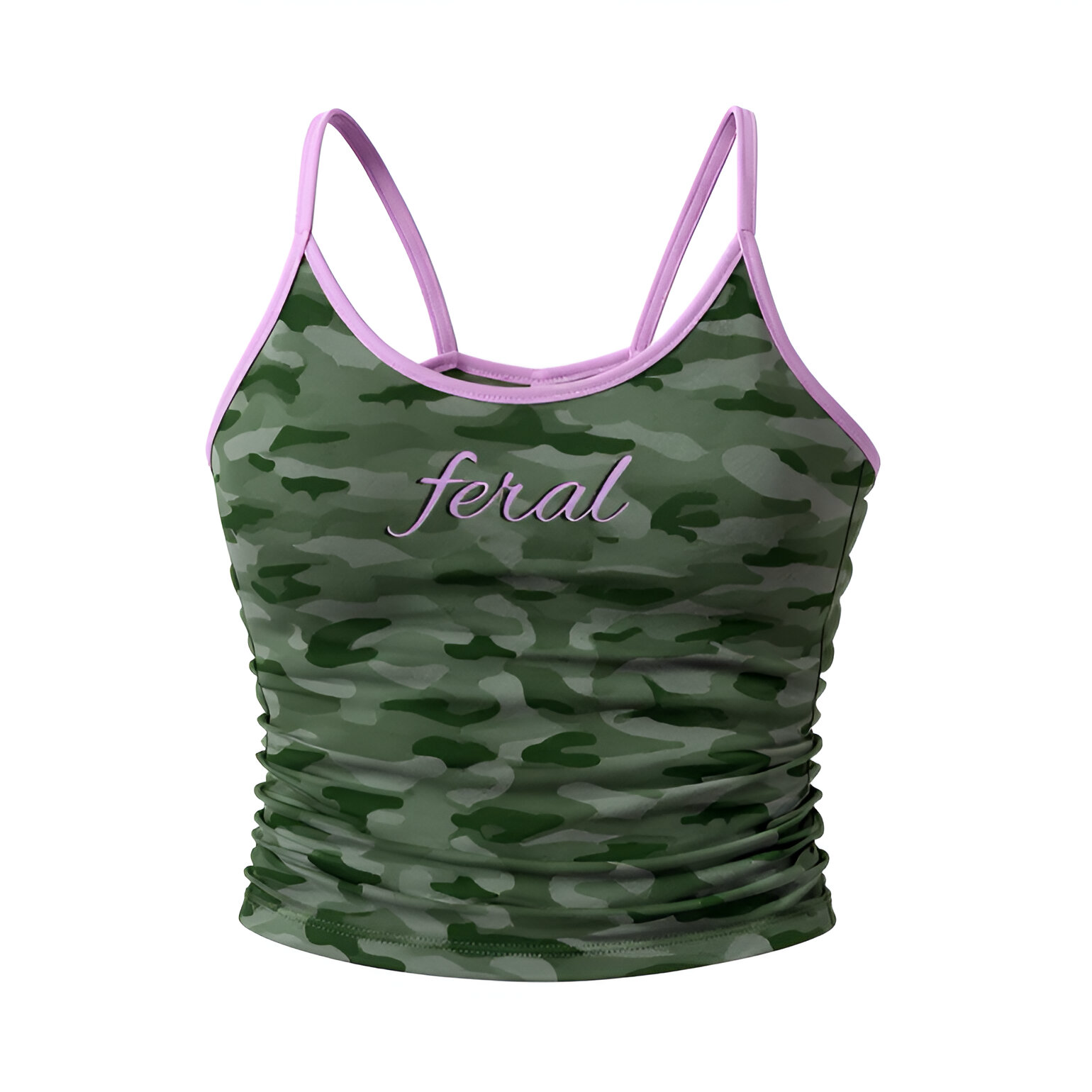 Green camouflage y2k cami tank top with pink straps and 'feral' text on a white background