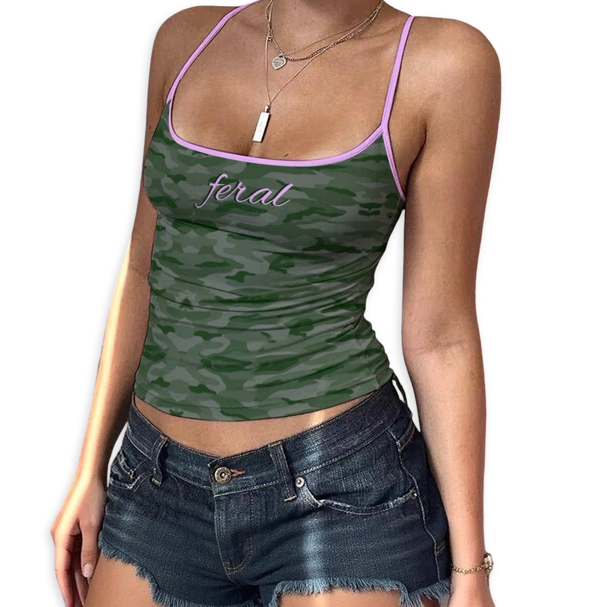 Green camouflage y2k cami tank top with 'feral' text and pink straps worn by a person on a white background