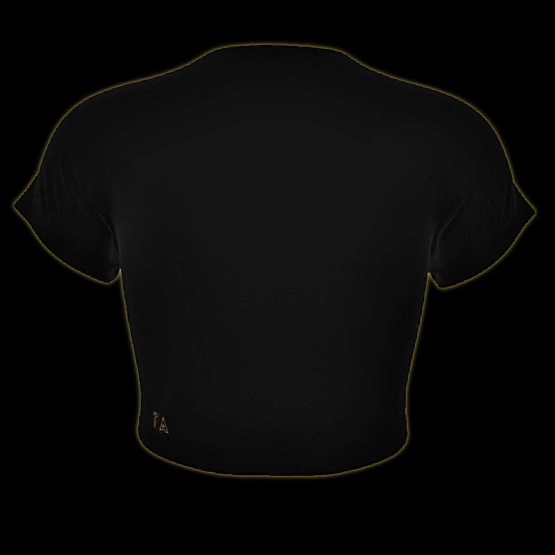 back view of a black cropped baby tee with gold text that reads