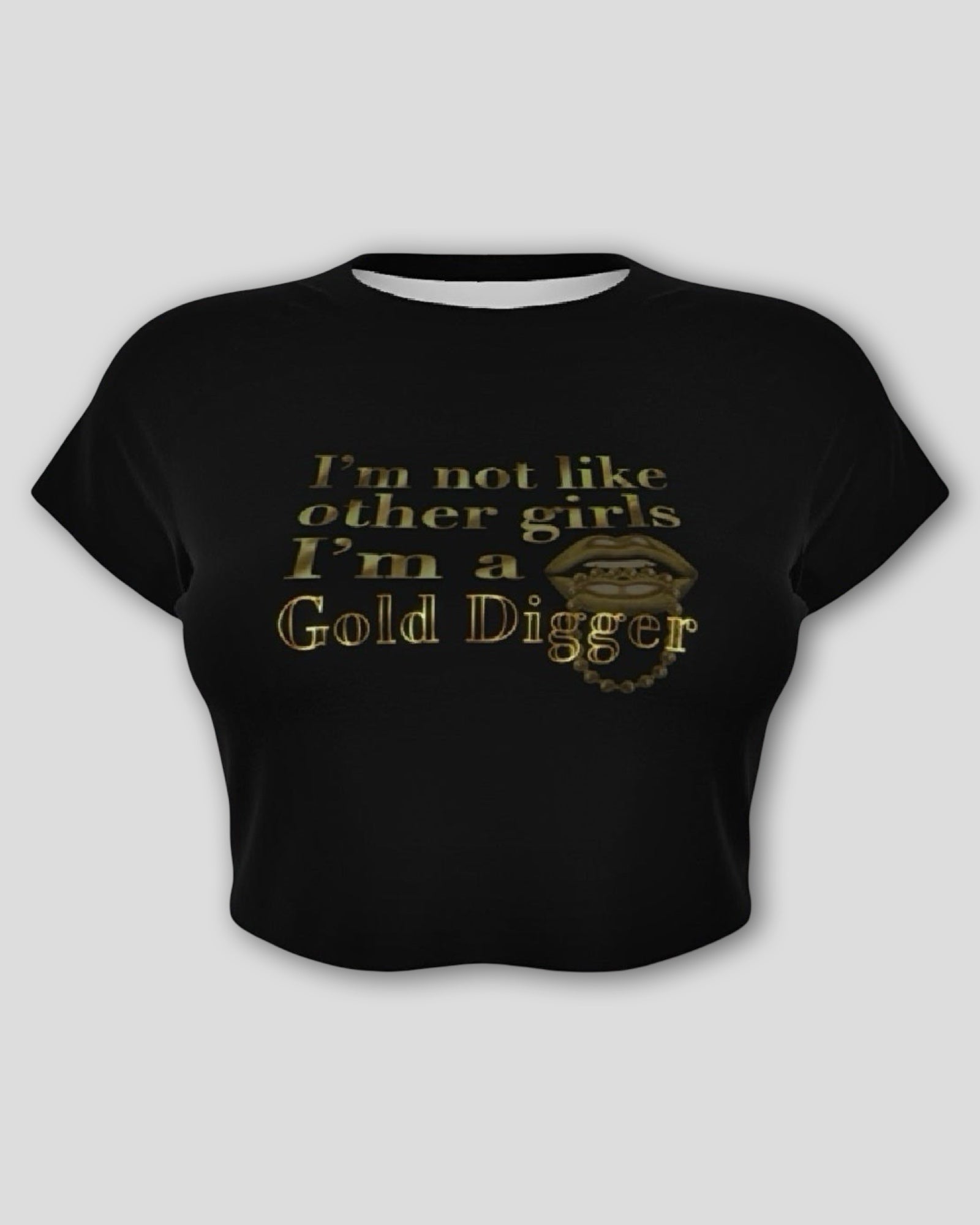 front view of a black cropped baby tee with gold text that reads