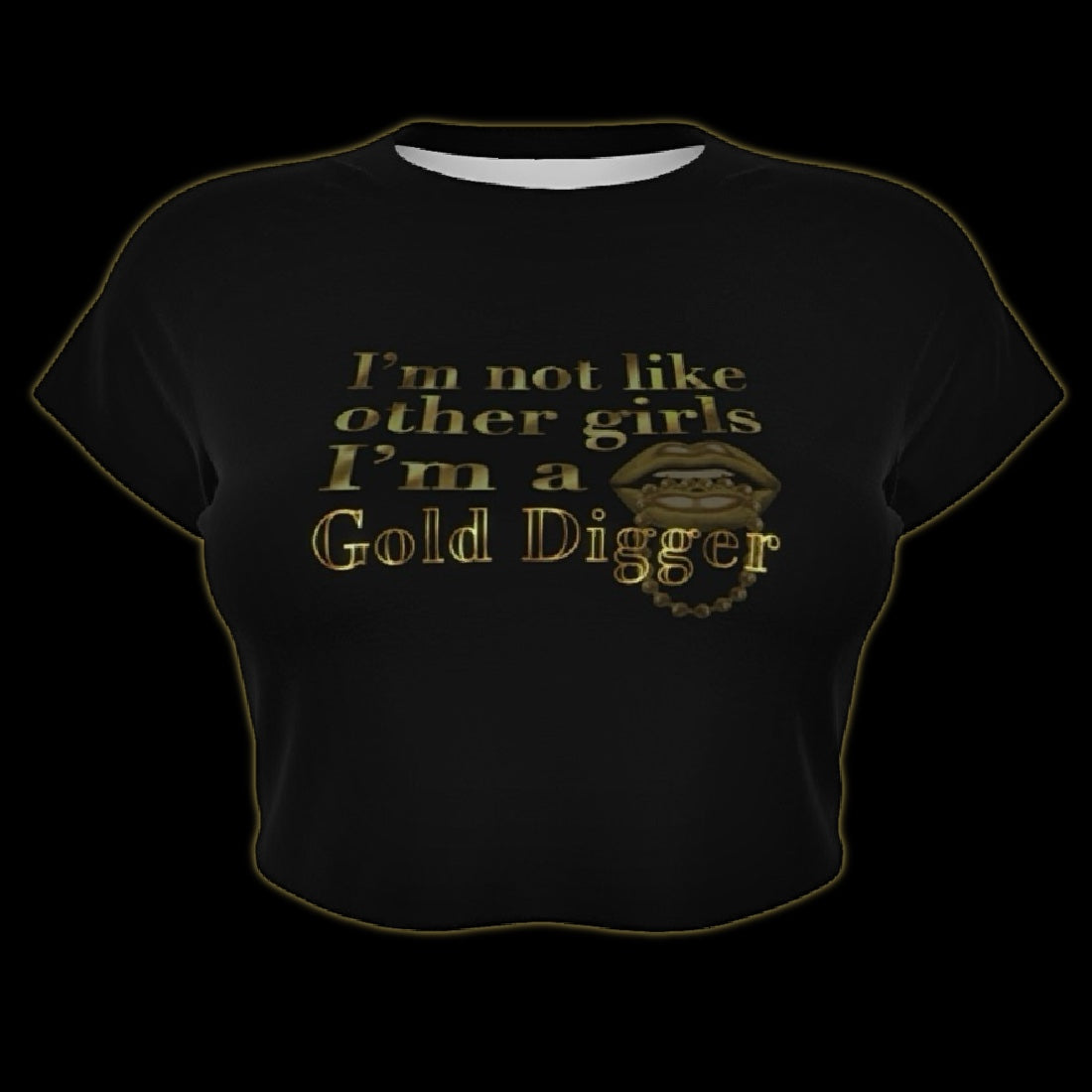 3d front view of a black cropped baby tee with gold text that reads