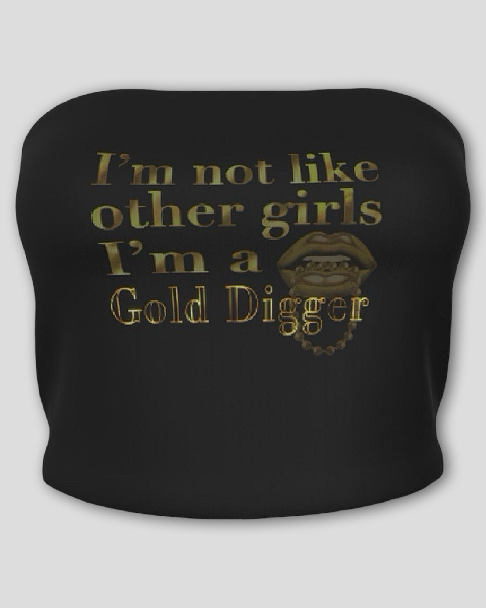 front view of a black strapless ribbed cropped tube top with gold text that reads