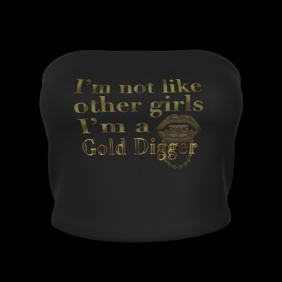 front view of a black strapless ribbed cropped tube top with gold text that reads