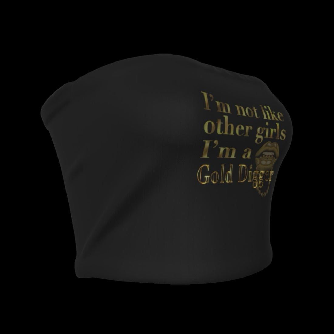 side view of a black strapless ribbed cropped tube top with gold text that reads