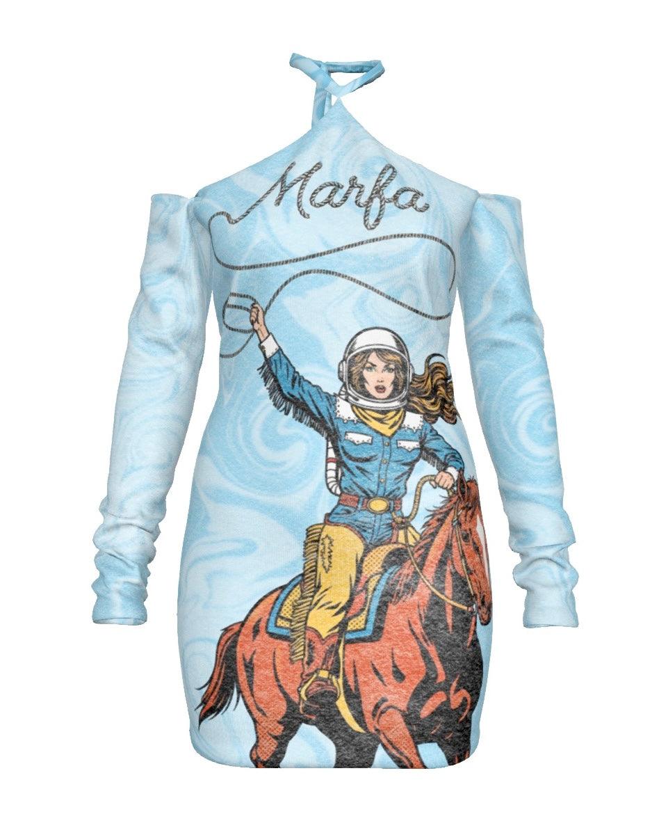 Light blue long sleeve halter dress with graphic of a cowgirl on a horse and 'Marfa' text.