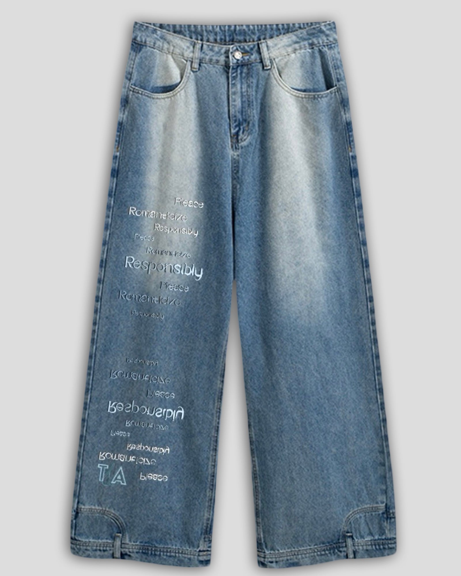 flat lay image of wide leg mid rise unisex light blue vintage washed denim jeans with