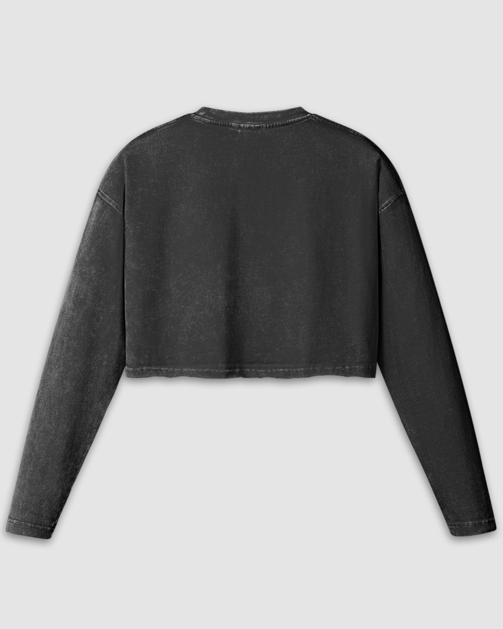 back view of a long sleeve faded black cotton raw hem crop top with blue and pink embroidered original longhorn design against a white background