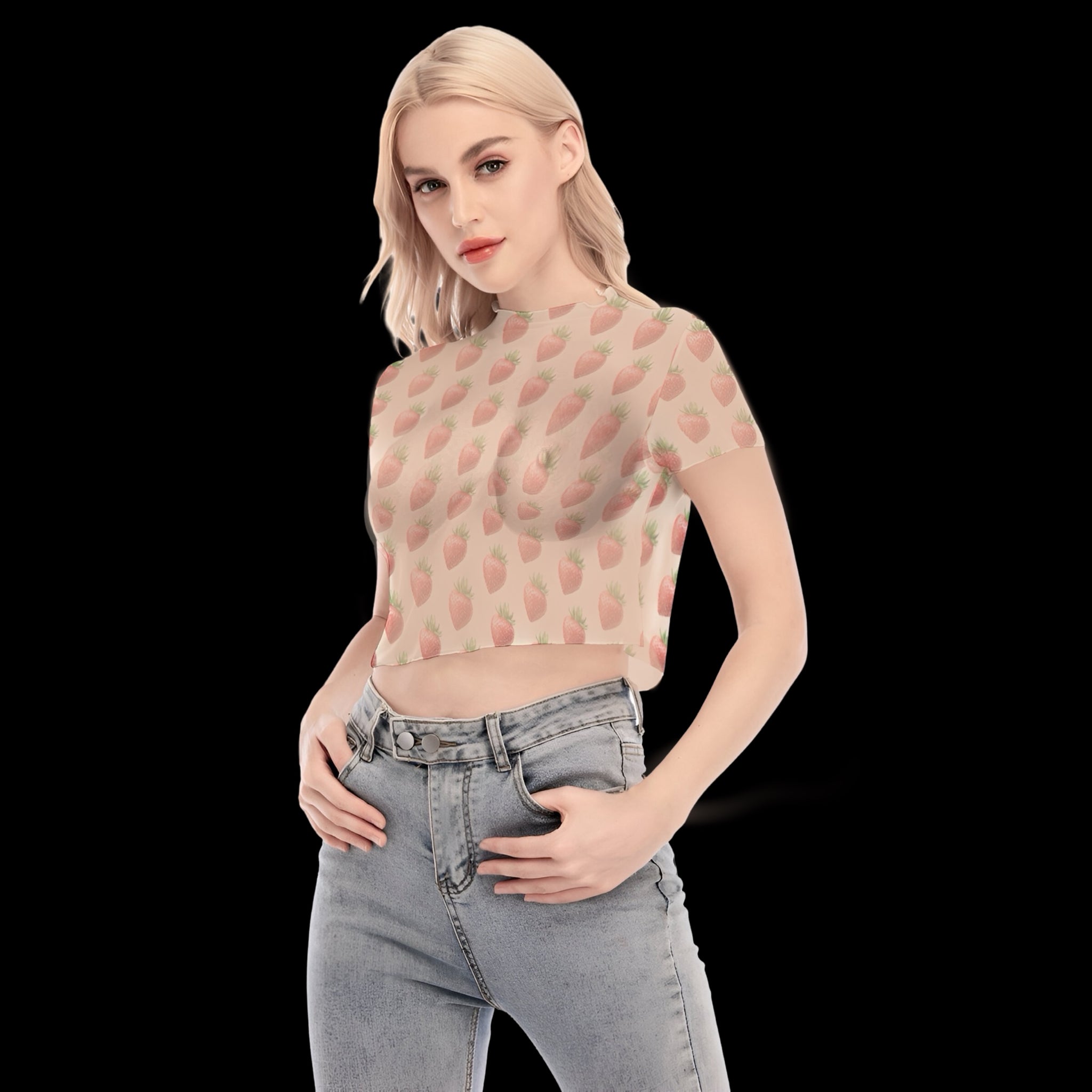 Strawberry Picnic Sheer Short Sleeve Crop Top - Taupe