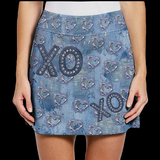 Denim-ish XO Texture Print Mini Skirt With Built In Shorts