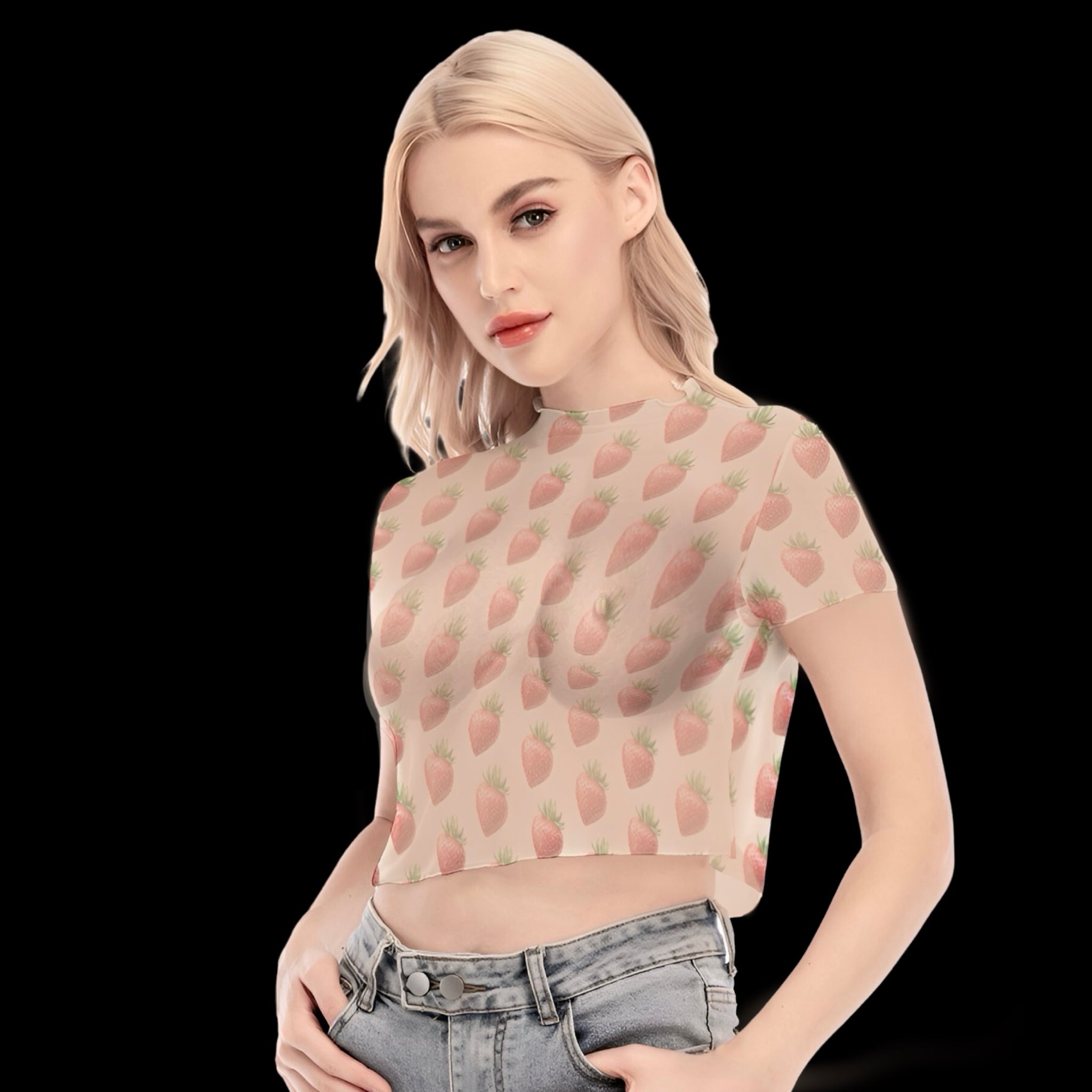 Strawberry Picnic Sheer Short Sleeve Crop Top - Taupe