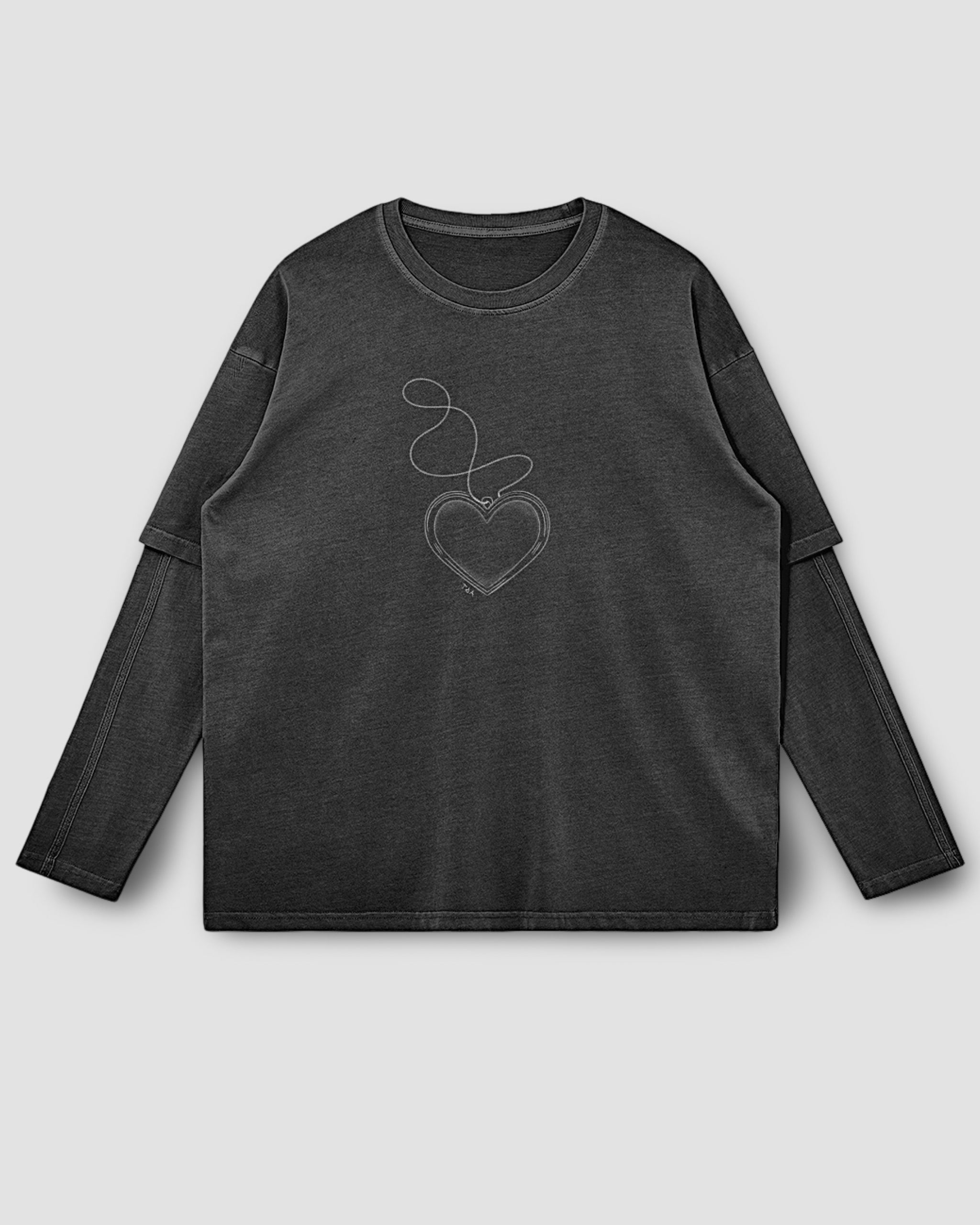 Across My Heart Faux Layered Oversized Long Sleeve Top – Streetwear Heart Graphic Tee