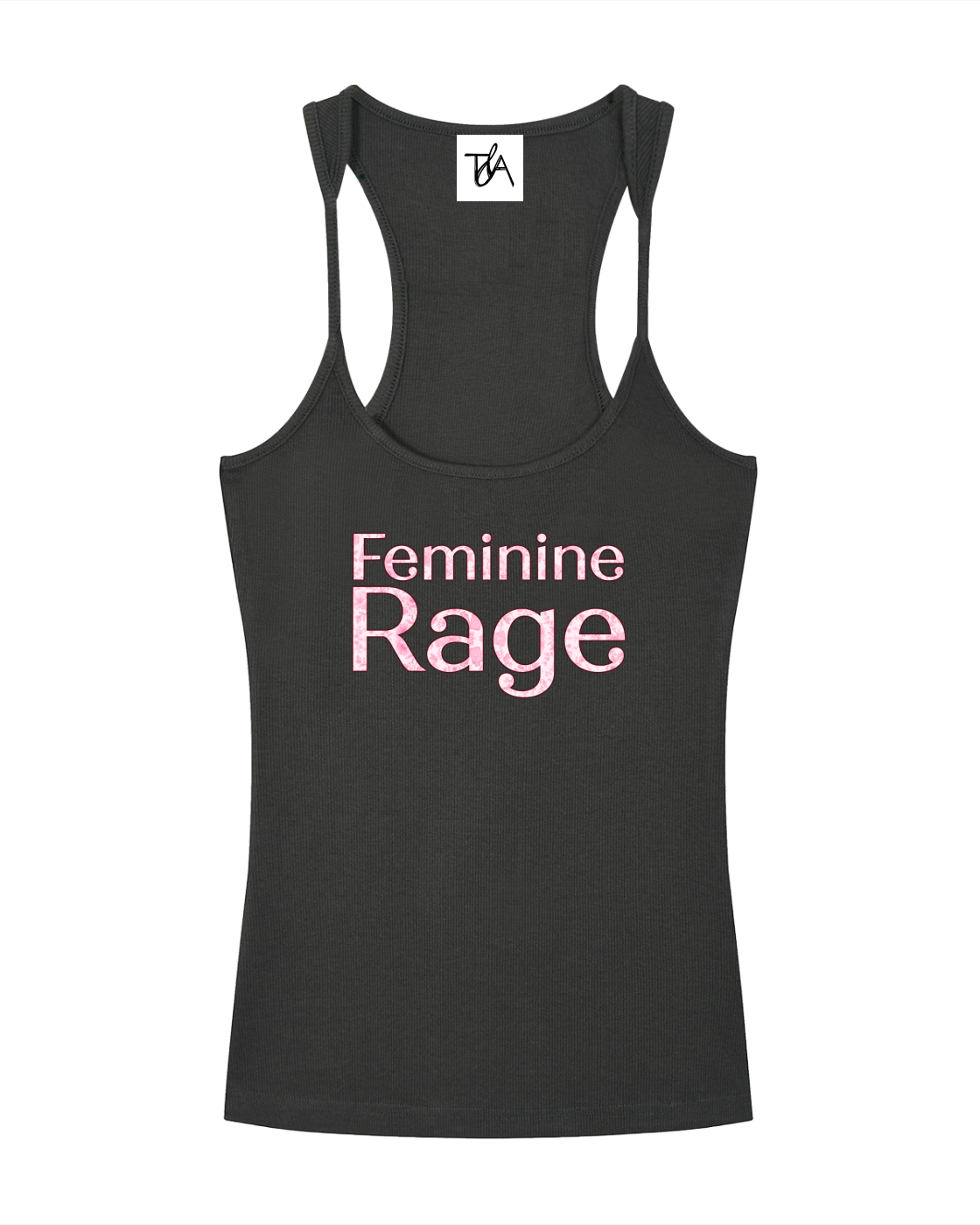 Black tank top with 'Feminine Rage' text on a white background