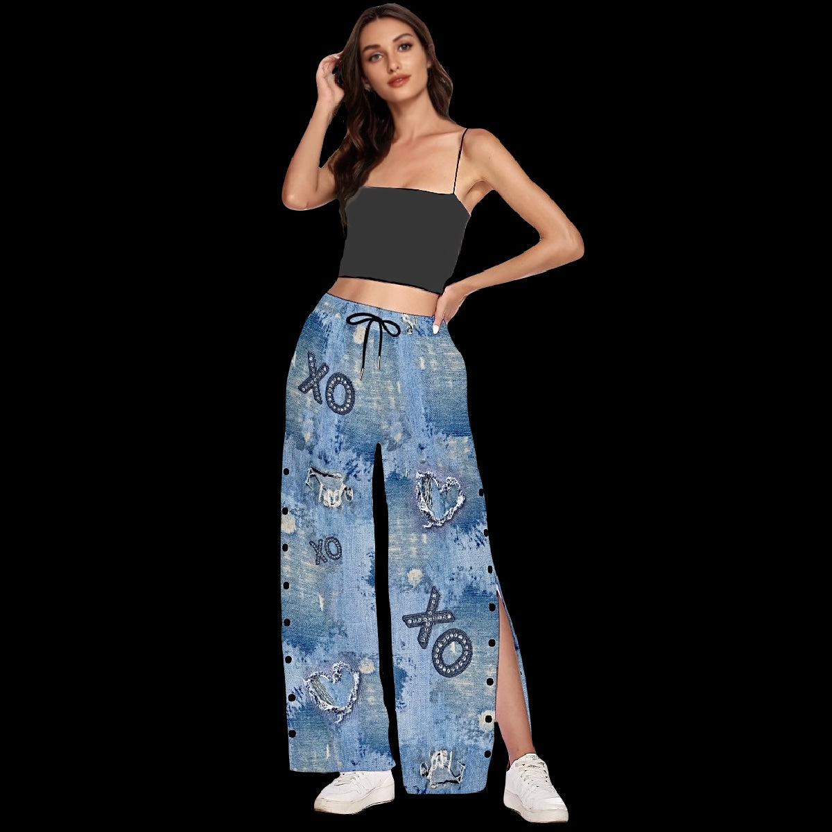 Denim-ish Side Slit Snap Button Trousers