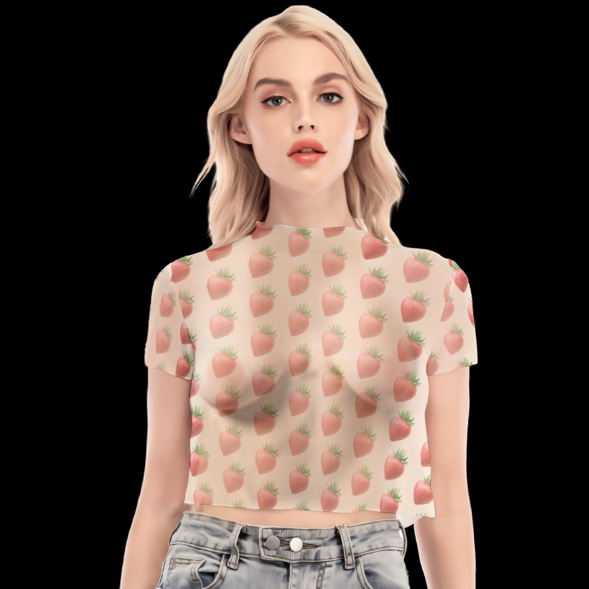 Strawberry Picnic Sheer Short Sleeve Crop Top - Taupe