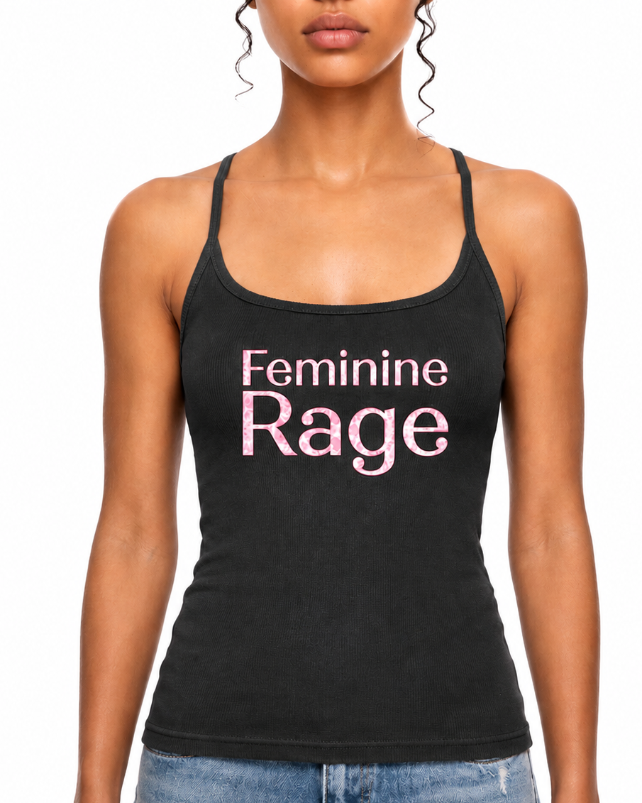 Black tank top with 'Feminine Rage' text worn by a person on a white background