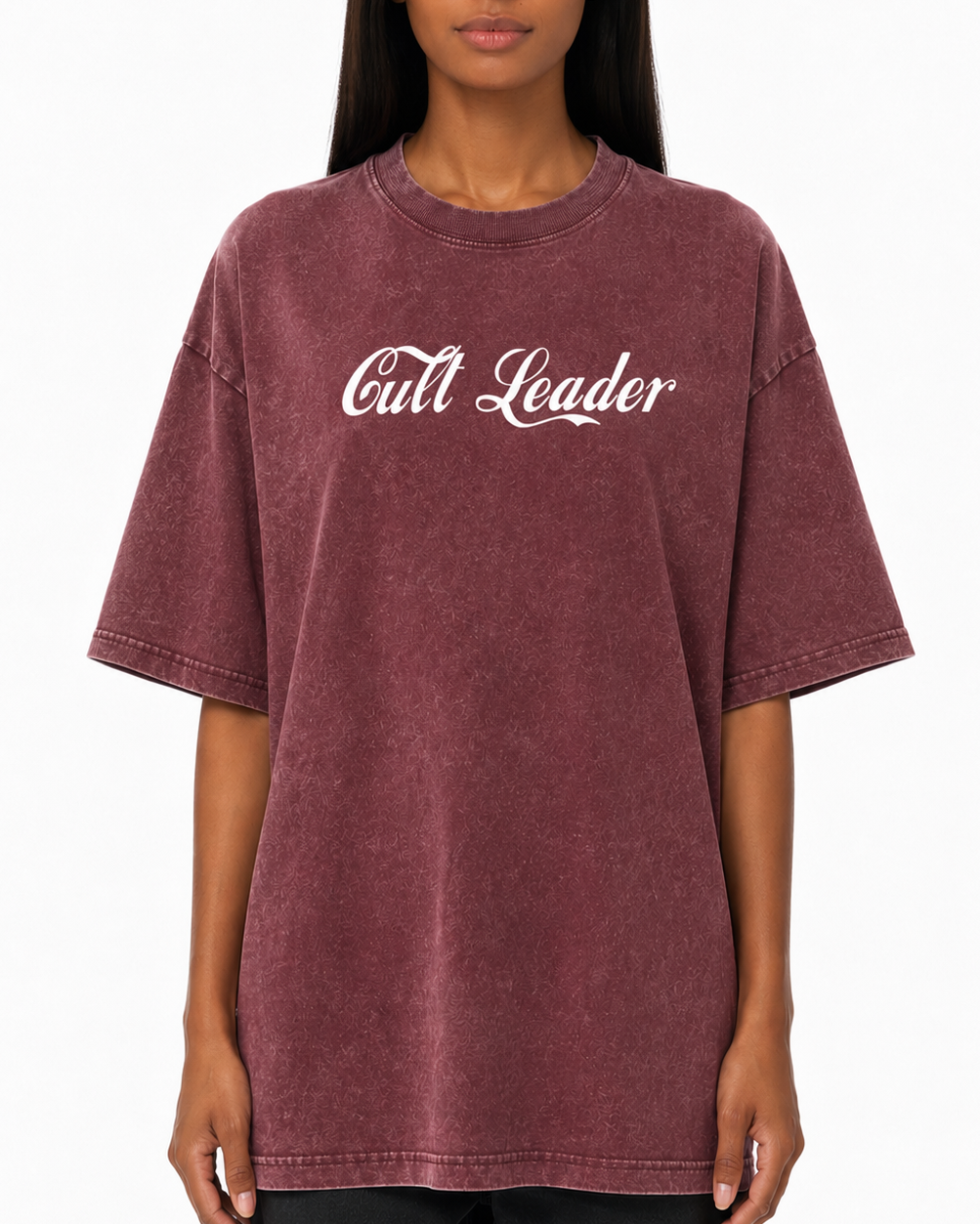 Person wearing a maroon t-shirt with 'cult Leader' text on a white background