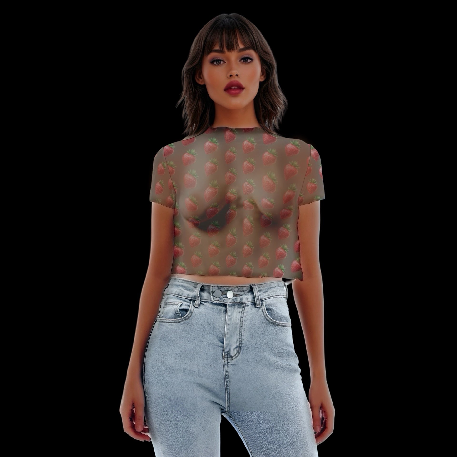 Strawberry Picnic Sheer Short Sleeve Crop Top - Mocha