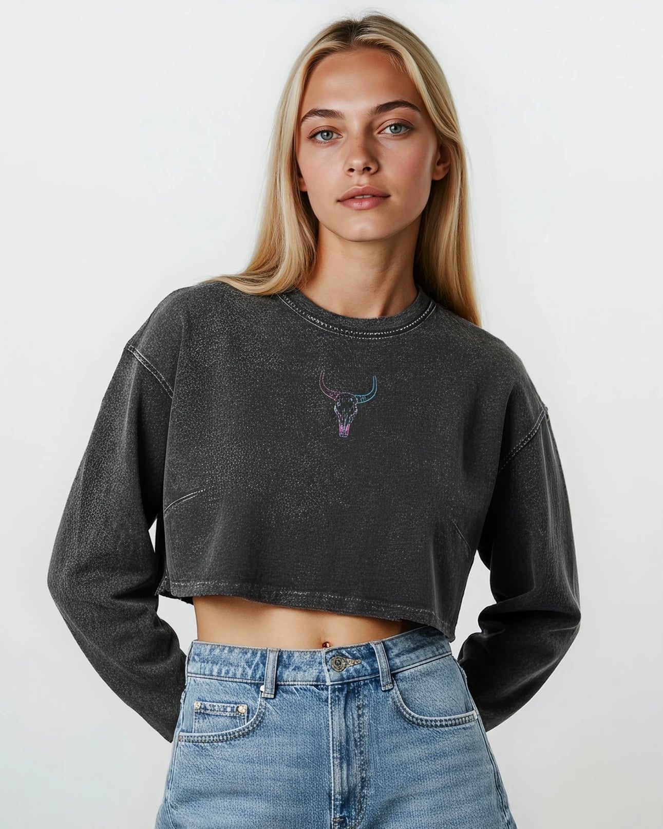 Steer Clear Embroidered Raw Hem Cotton Crop Long Sleeve Top