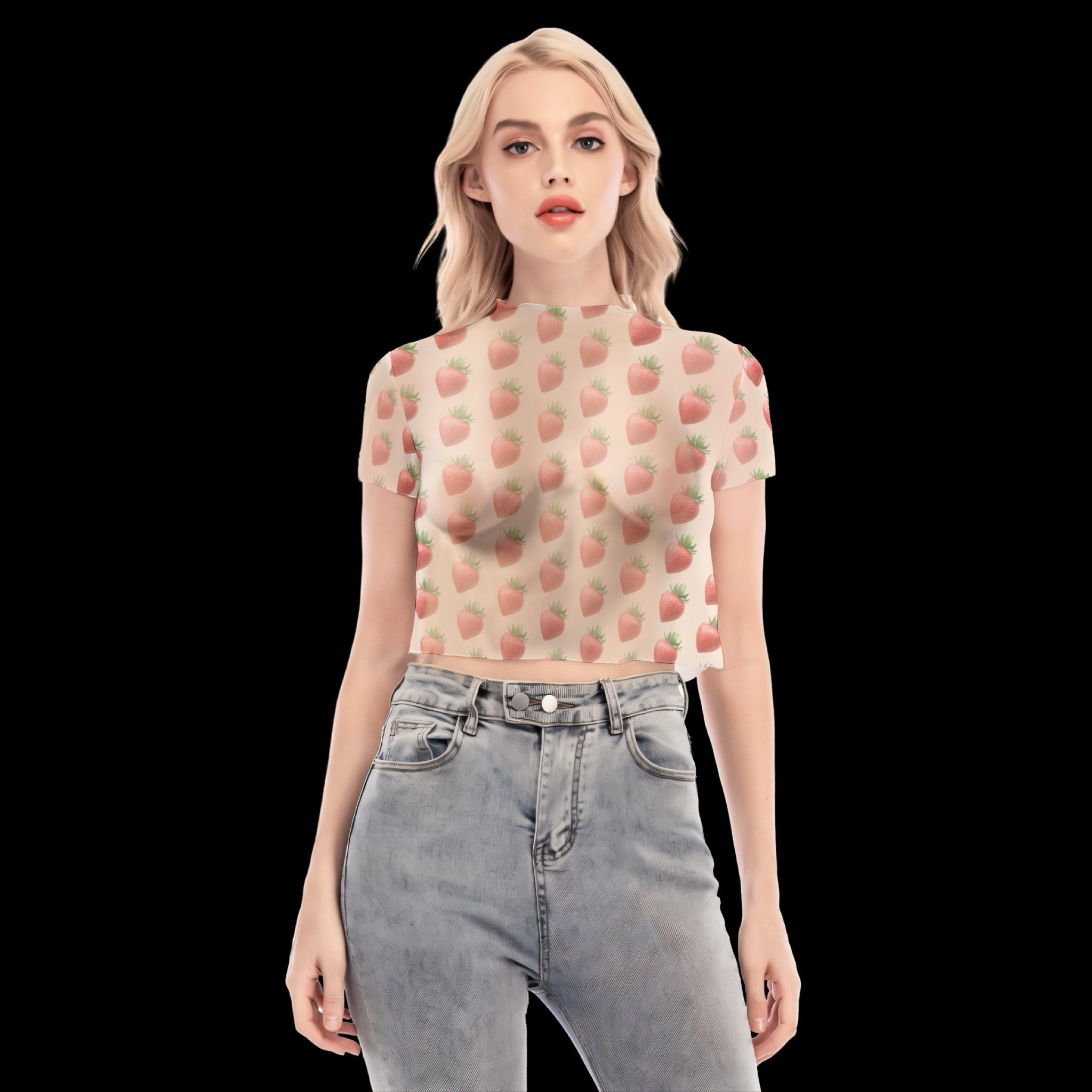 Strawberry Picnic Sheer Short Sleeve Crop Top - Taupe