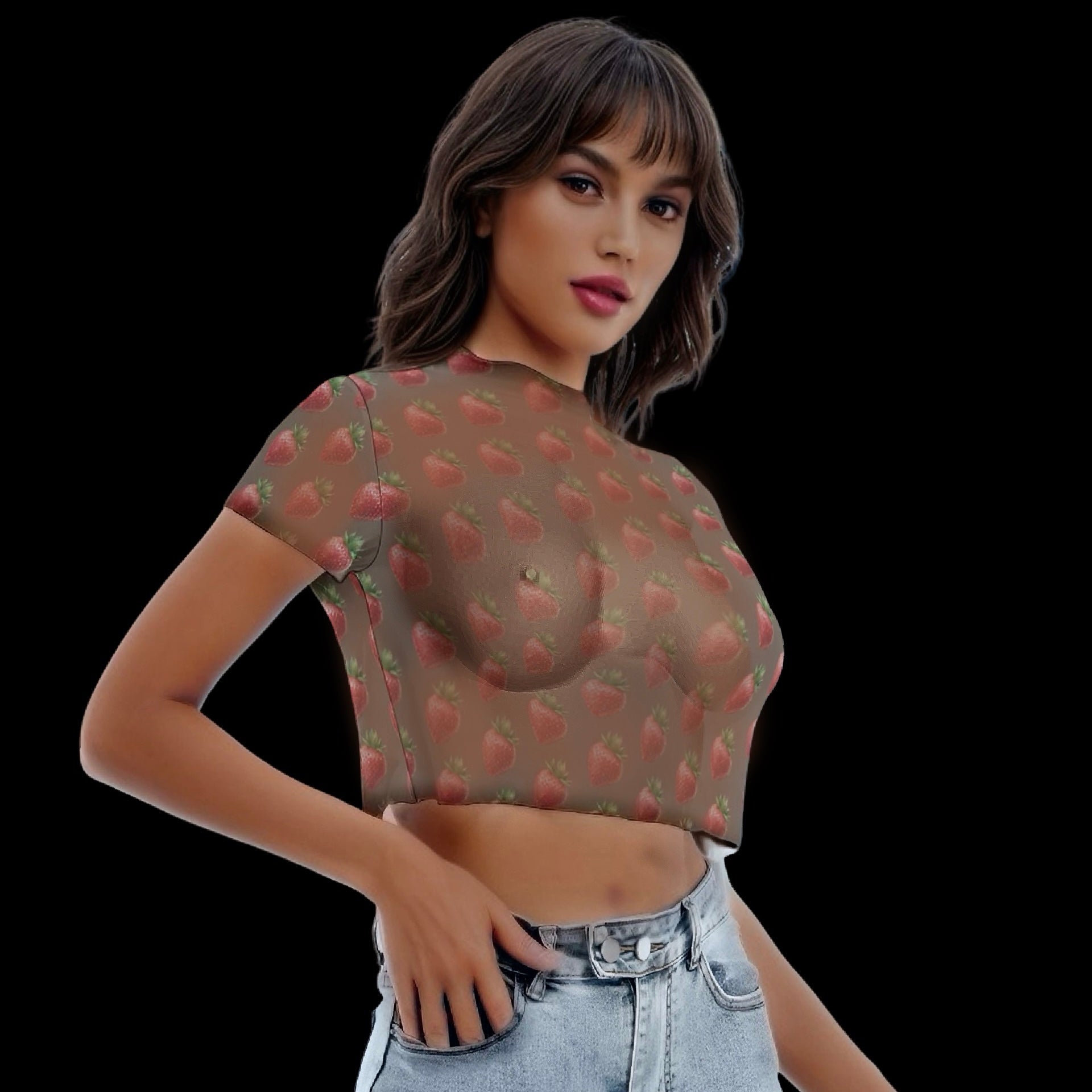 Strawberry Picnic Sheer Short Sleeve Crop Top - Mocha