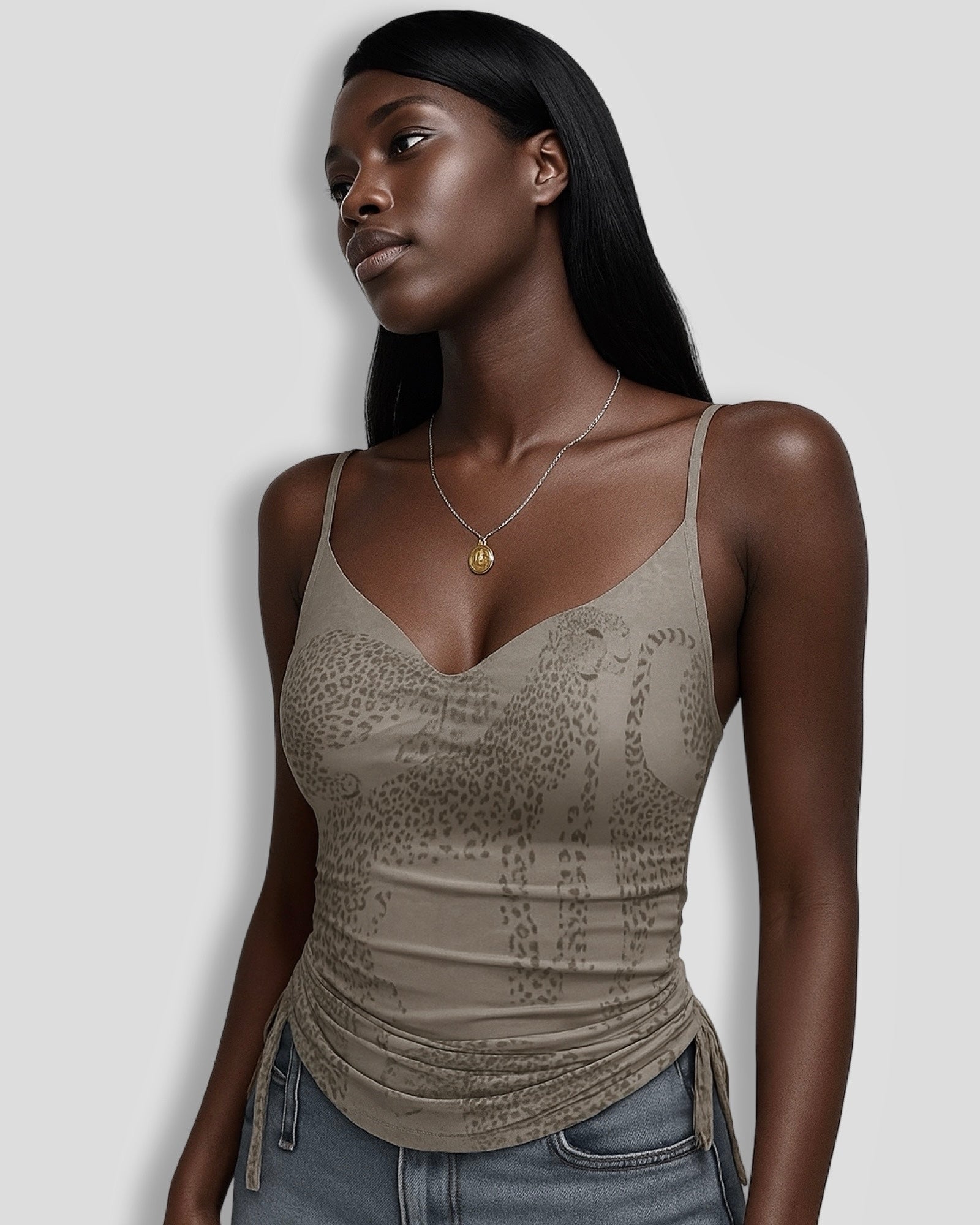 Feral Illusion Cheetah Print Drawstring Camisole Top – Ruched Spaghetti Strap Tank