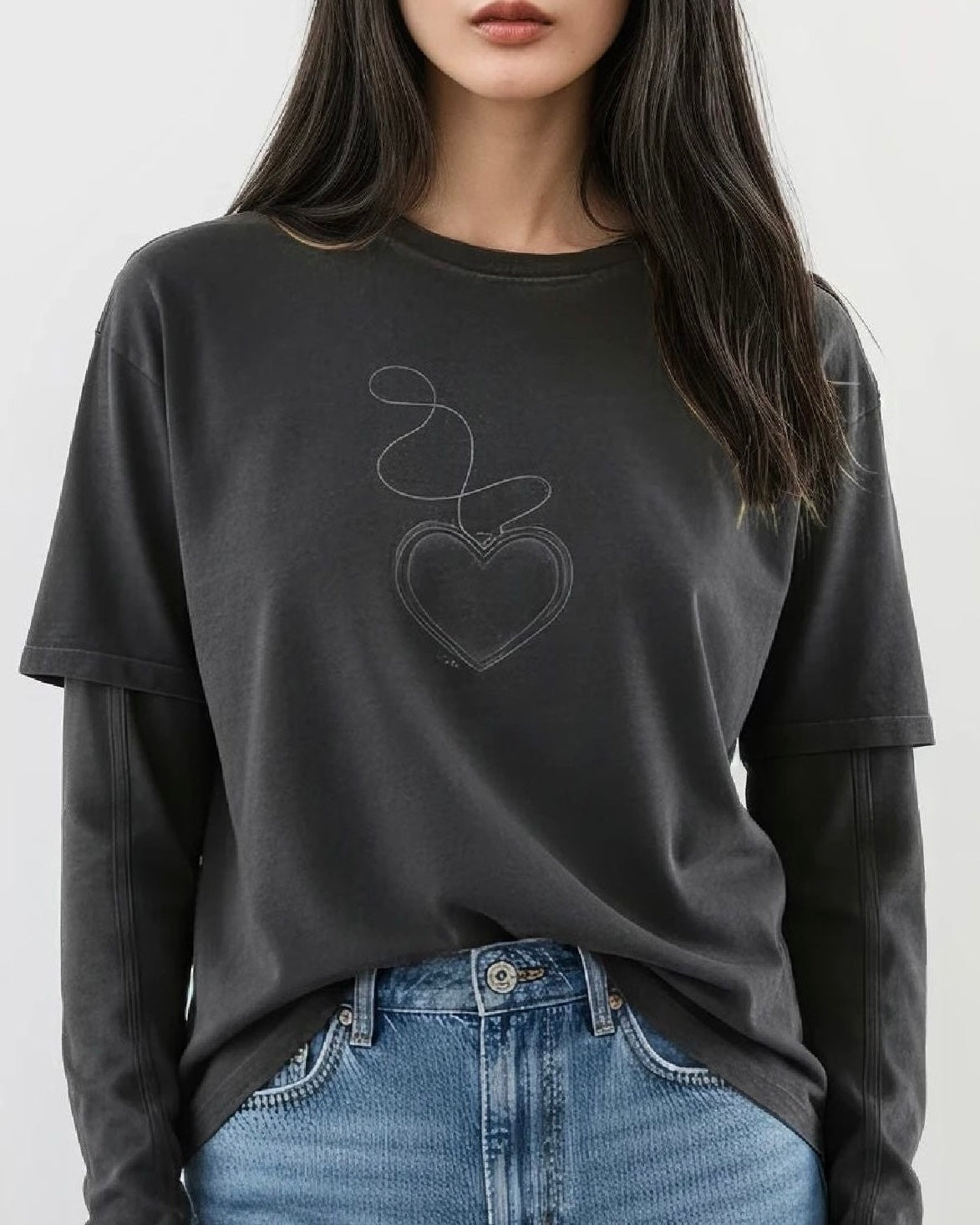 Across My Heart Faux Layered Oversized Long Sleeve Top – Streetwear Heart Graphic Tee