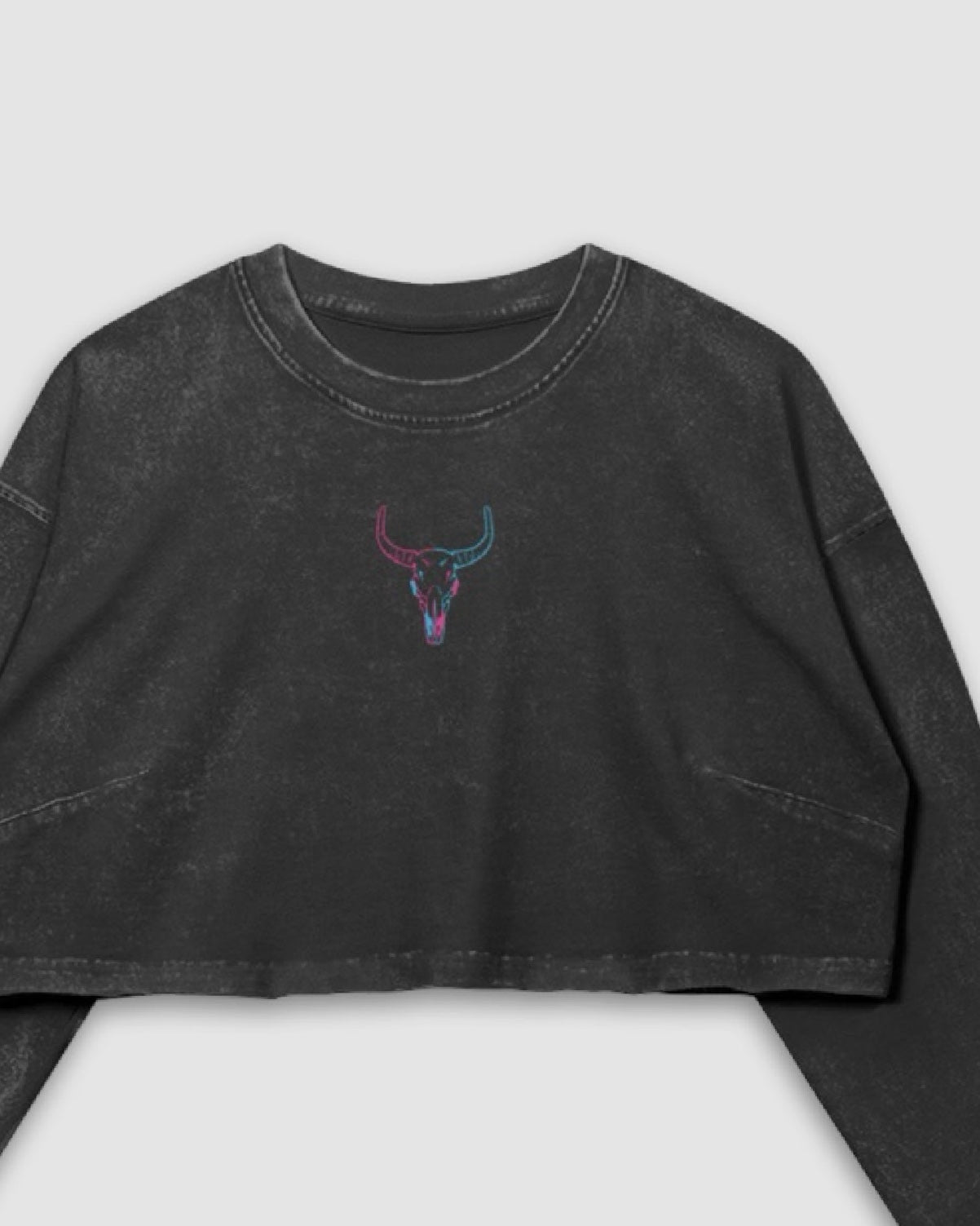 Steer Clear Embroidered Raw Hem Cotton Crop Long Sleeve Top