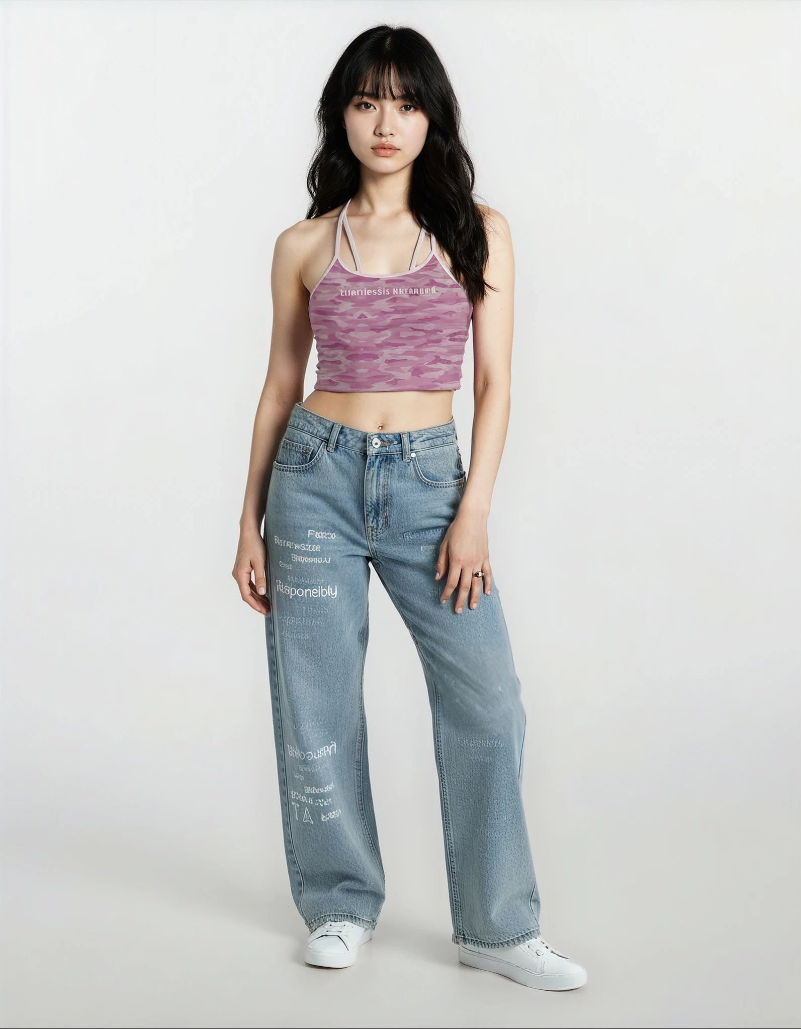Please Romanticize Responsibly” Mirror-Design Wide-Leg Denim Jeans