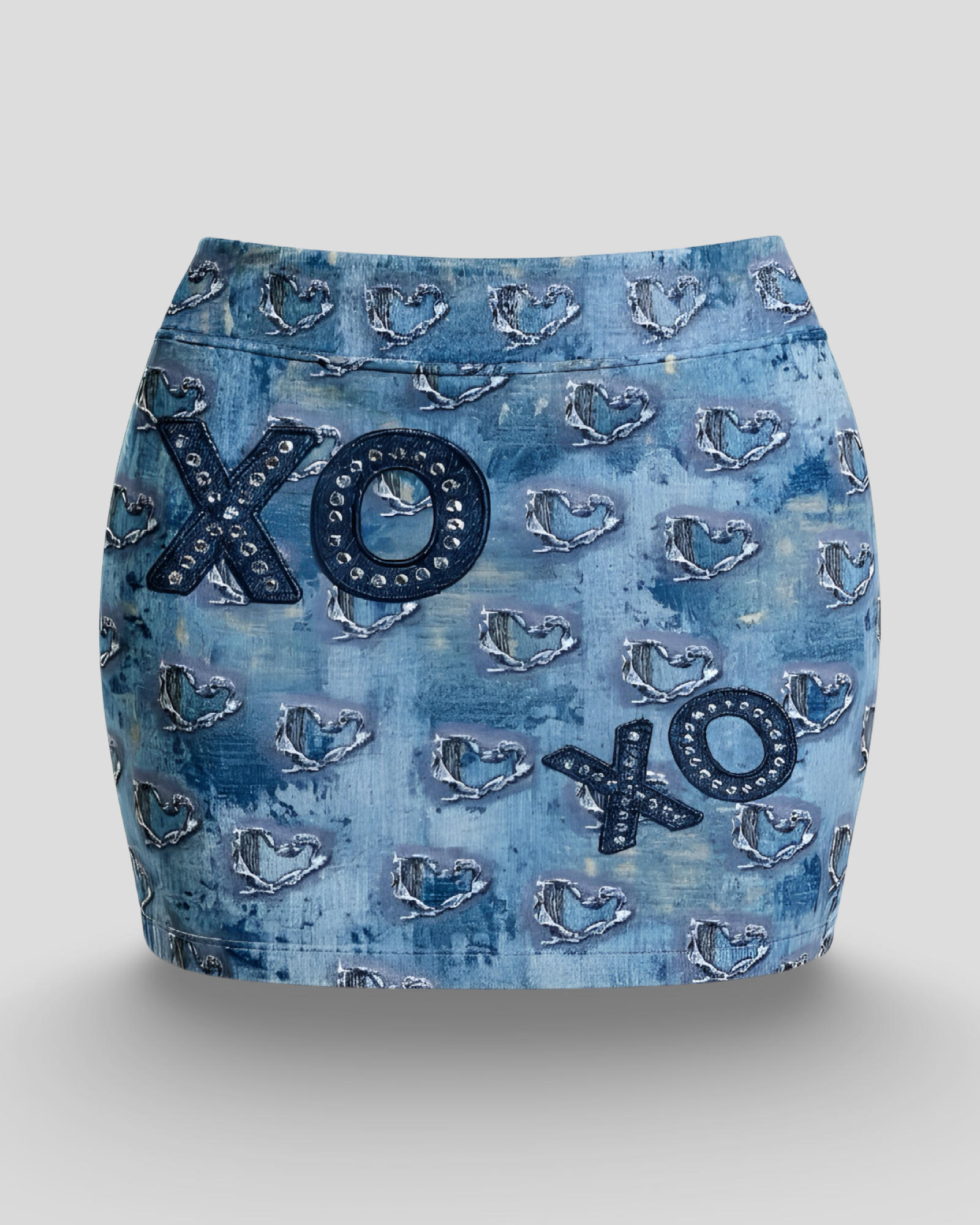 Denim-ish XO Texture Print Mini Skirt With Built In Shorts