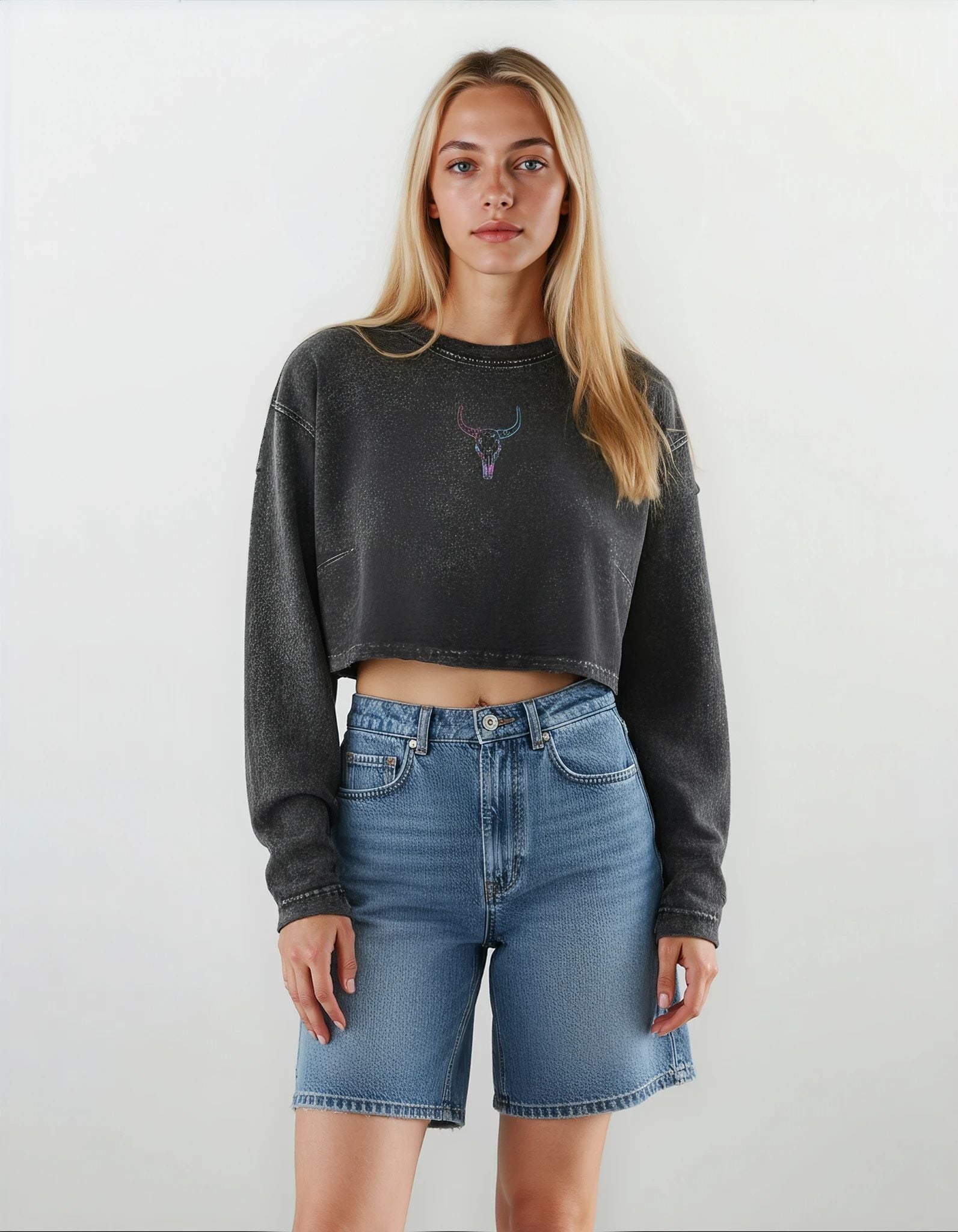 Steer Clear Embroidered Raw Hem Cotton Crop Long Sleeve Top