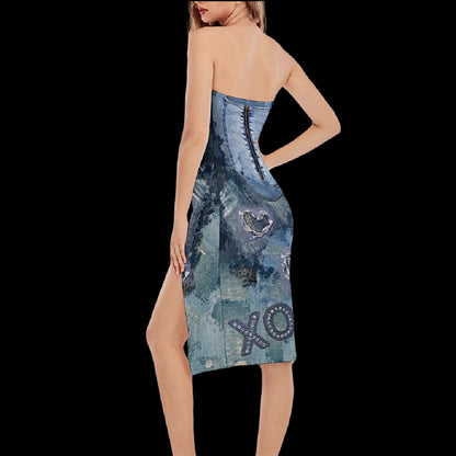 Denim-ish Texture Print Side Slit Strapless Dress