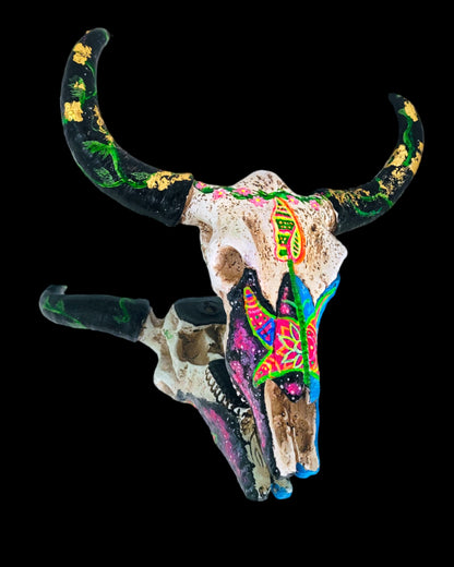 T&A Hand Painted Steer Skull - The Butterfly (black light glow)