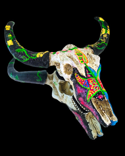 T&A Hand Painted Steer Skull - The Butterfly (black light glow)