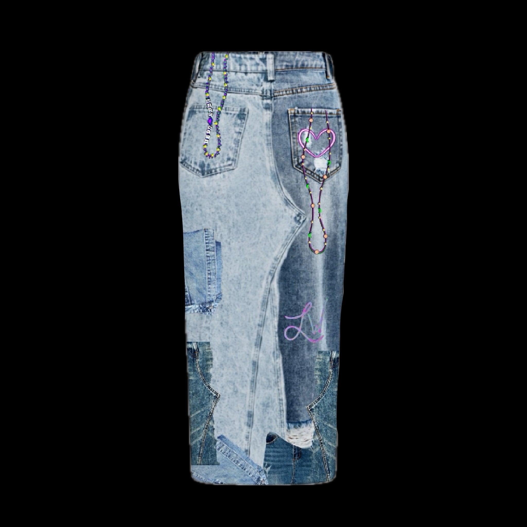Denim-ish Midrise Texture Print Slit Midi Skirt