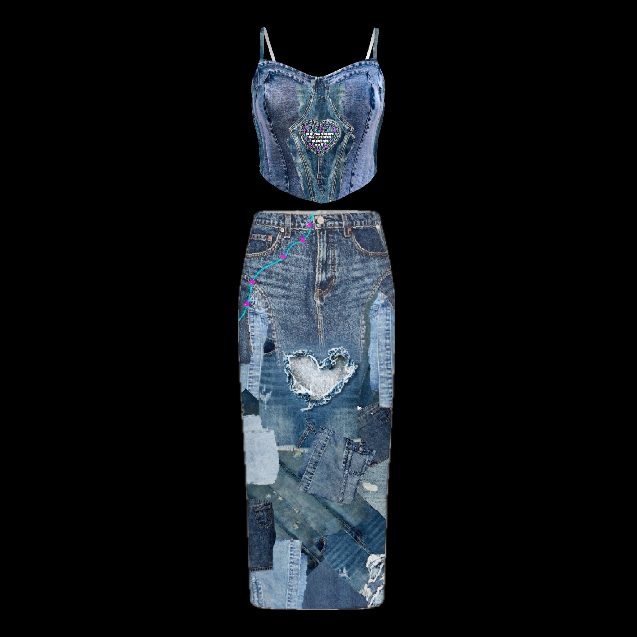 Denim-ish Midrise Texture Print Slit Midi Skirt