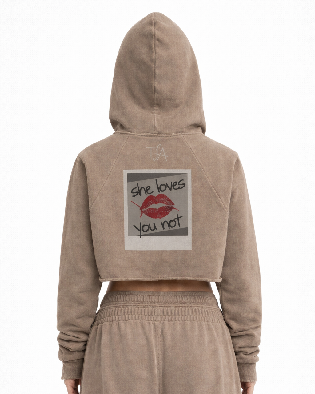 Beige brown coffee hoodie with a graphic design on the back on a white background