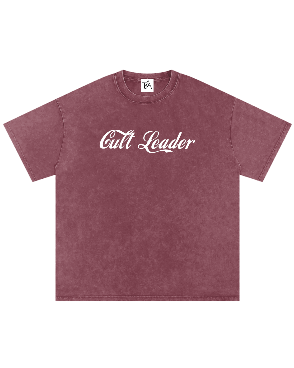 Maroon t-shirt with 'Cult Leader' text on a white background