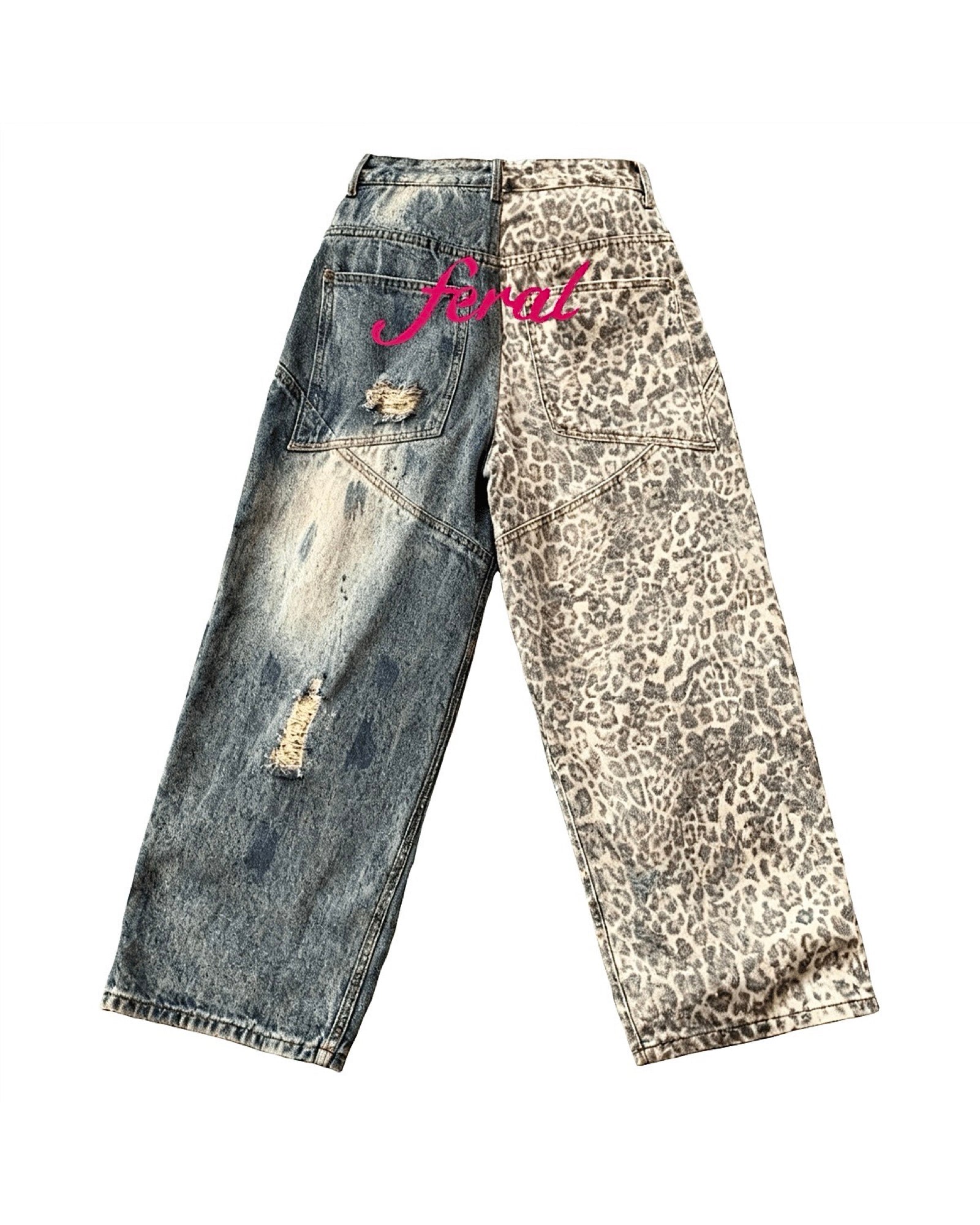 Feral Distressed Leopard Print Wide-leg Jeans
