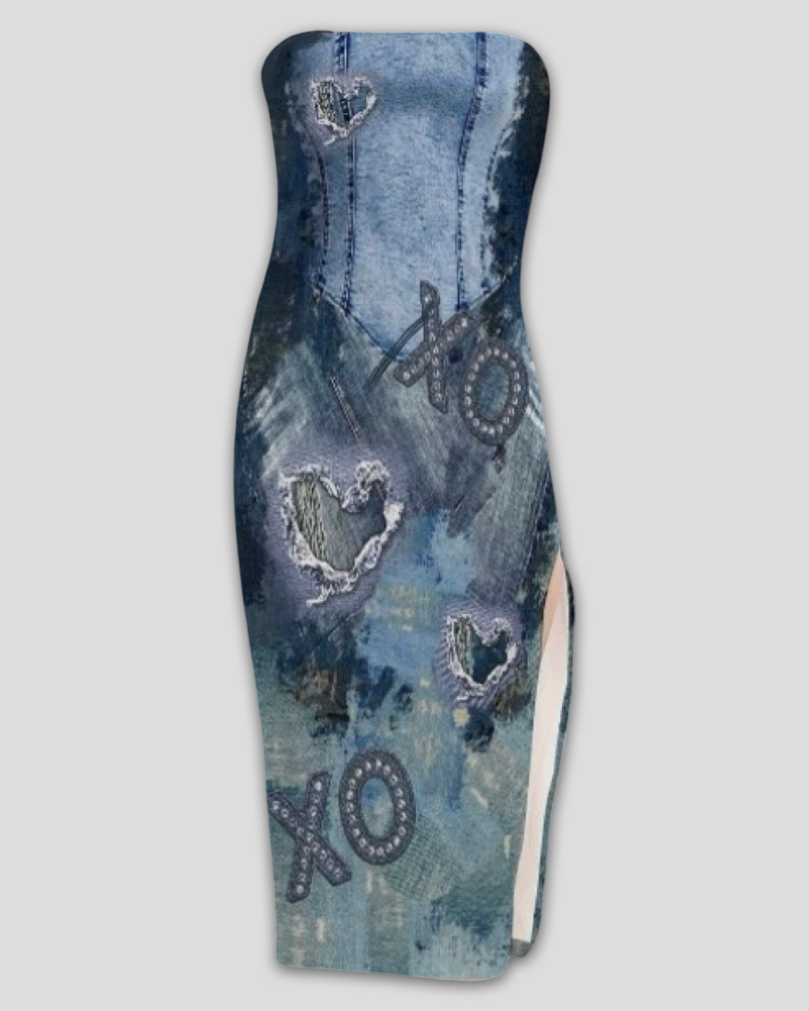 Denim-ish Texture Print Side Slit Strapless Dress