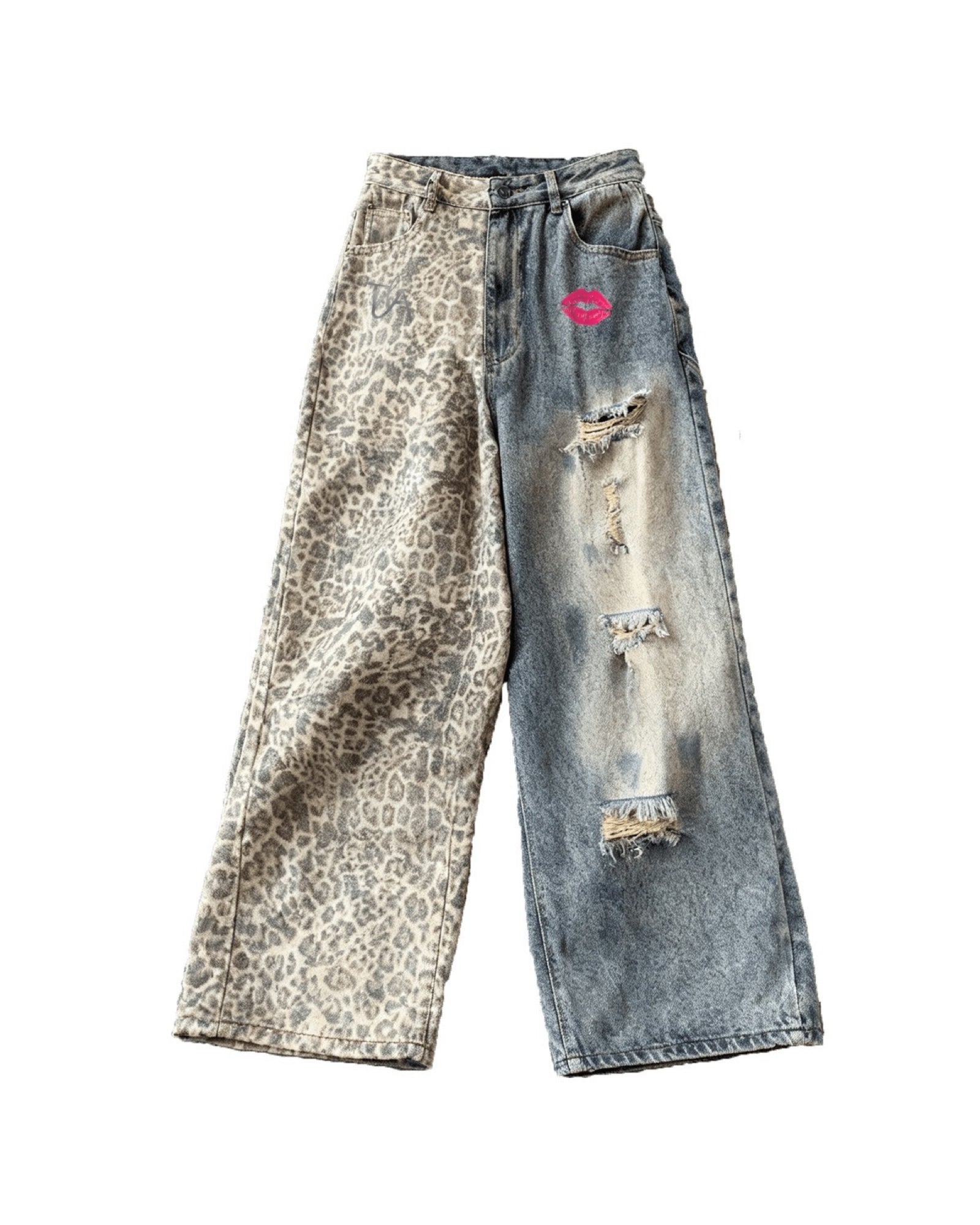Feral Distressed Leopard Print Wide-leg Jeans