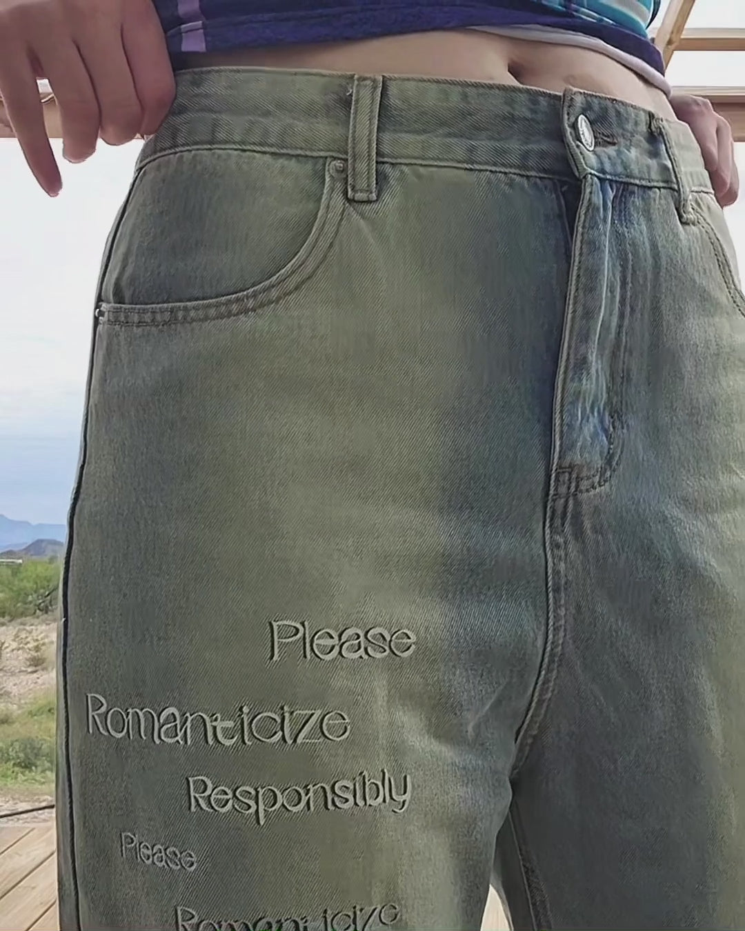 Please Romanticize Responsibly” Mirror-Design Wide-Leg Denim Jeans